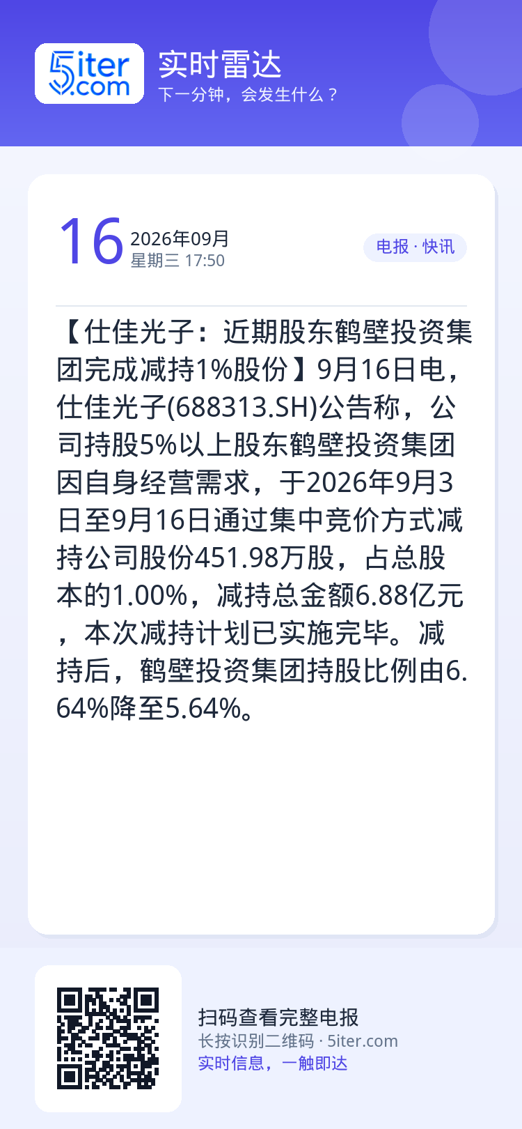 【仕佳光子：近期股东鹤壁投资集团完成减持1%股份】9月16日电，仕佳光子(688313.SH)公告称，公司持股5%以上股