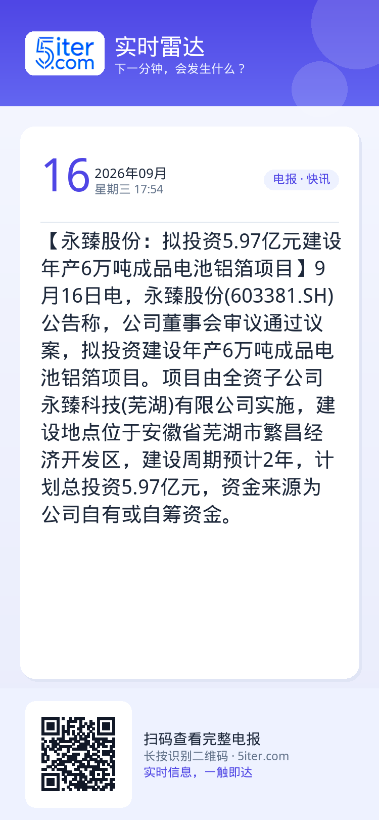 【永臻股份：拟投资5.97亿元建设年产6万吨成品电池铝箔项目】9月16日电，永臻股份(603381.SH)公告称，公司董
