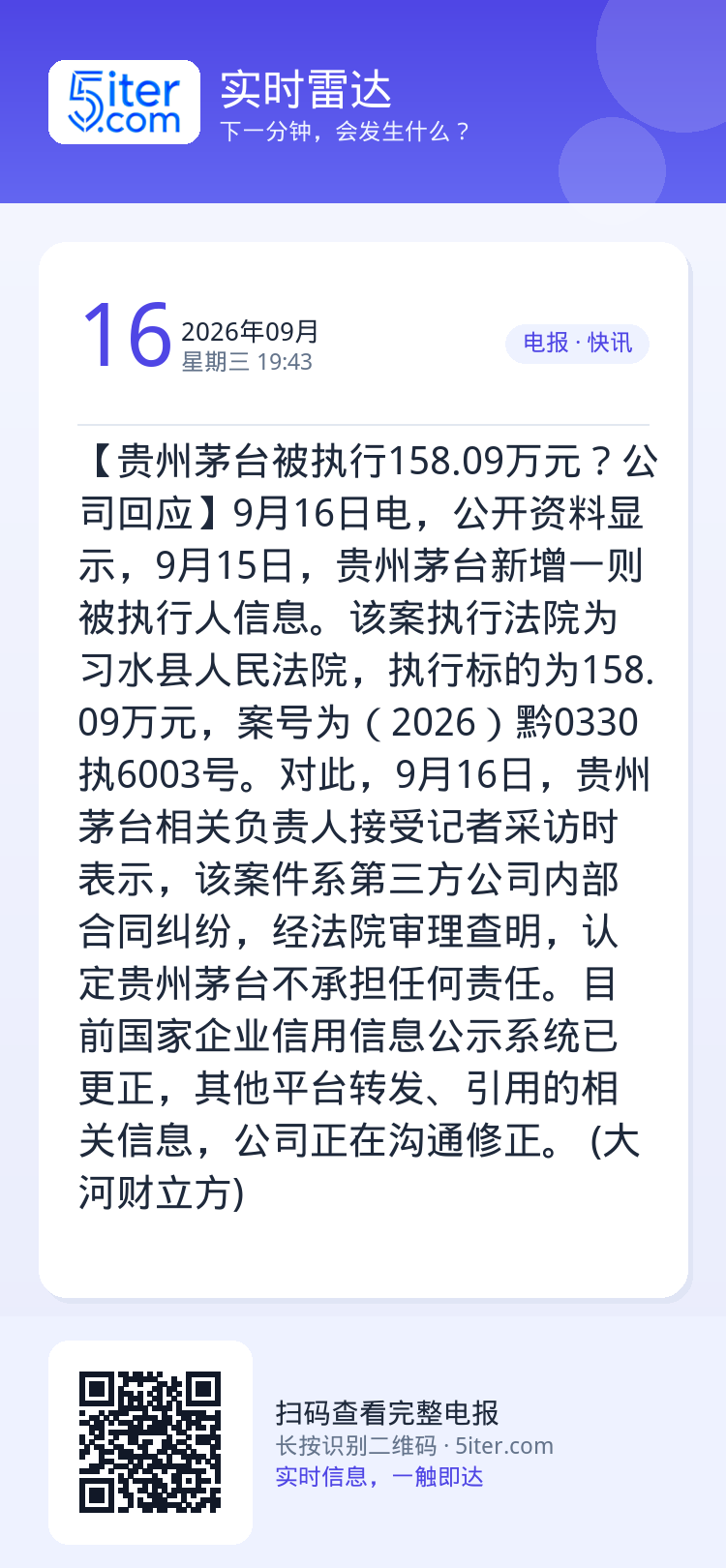 【贵州茅台被执行158.09万元？公司回应】9月16日电，公开资料显示，9月15日，贵州茅台新增一则被执行人信息。该案执