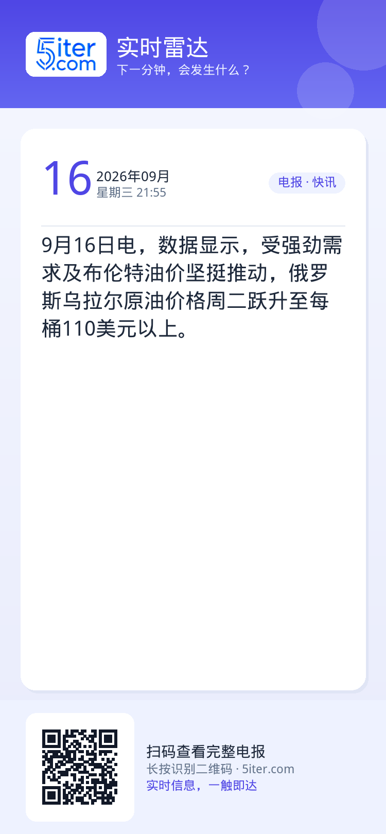 9月16日电，数据显示，受强劲需求及布伦特油价坚挺推动，俄罗斯乌拉尔原油价格周二跃升至每桶110美元以上。