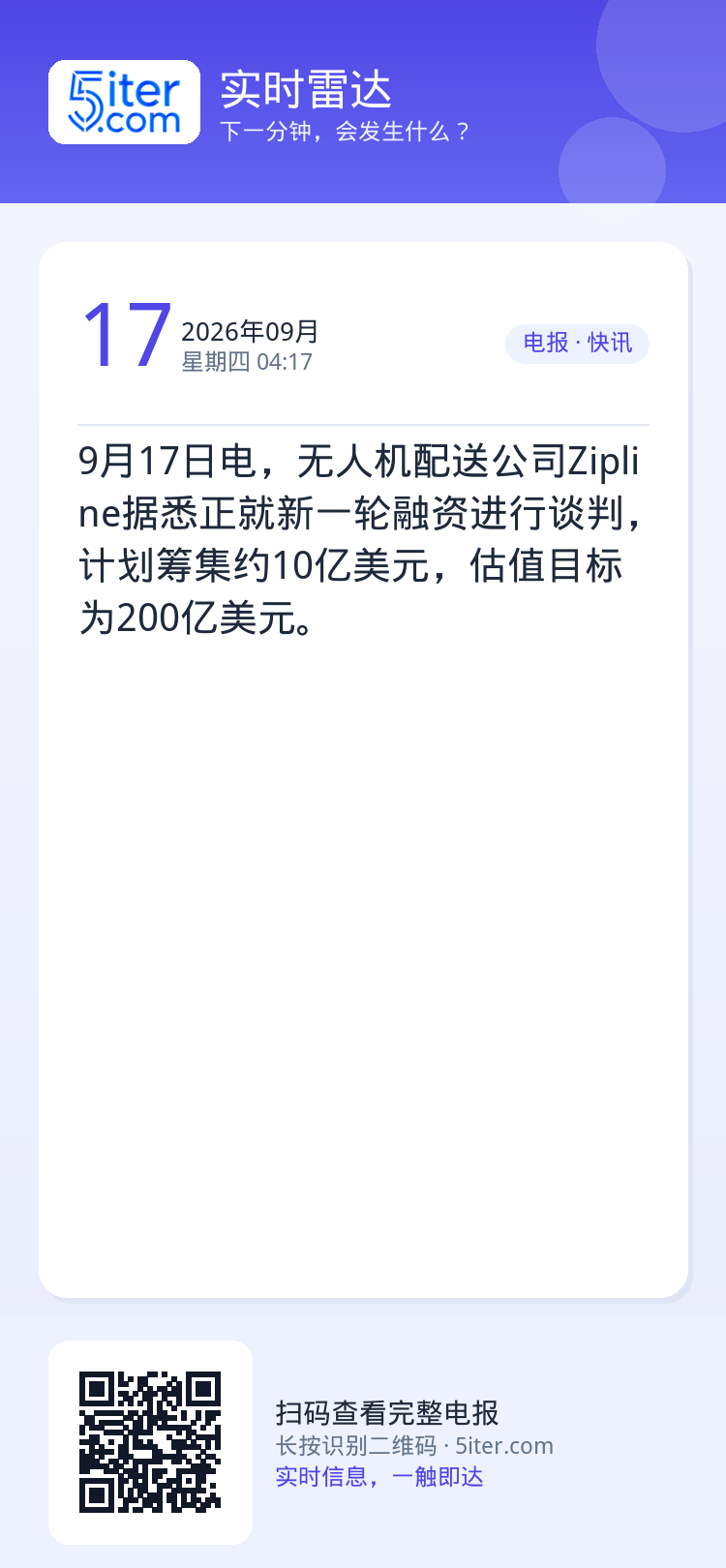 9月17日电，无人机配送公司Zipline据悉正就新一轮融资进行谈判，计划筹集约10亿美元，估值目标为200亿美元。