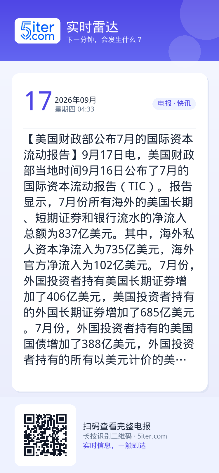 【美国财政部公布7月的国际资本流动报告】9月17日电，美国财政部当地时间9月16日公布了7月的国际资本流动报告（TIC）