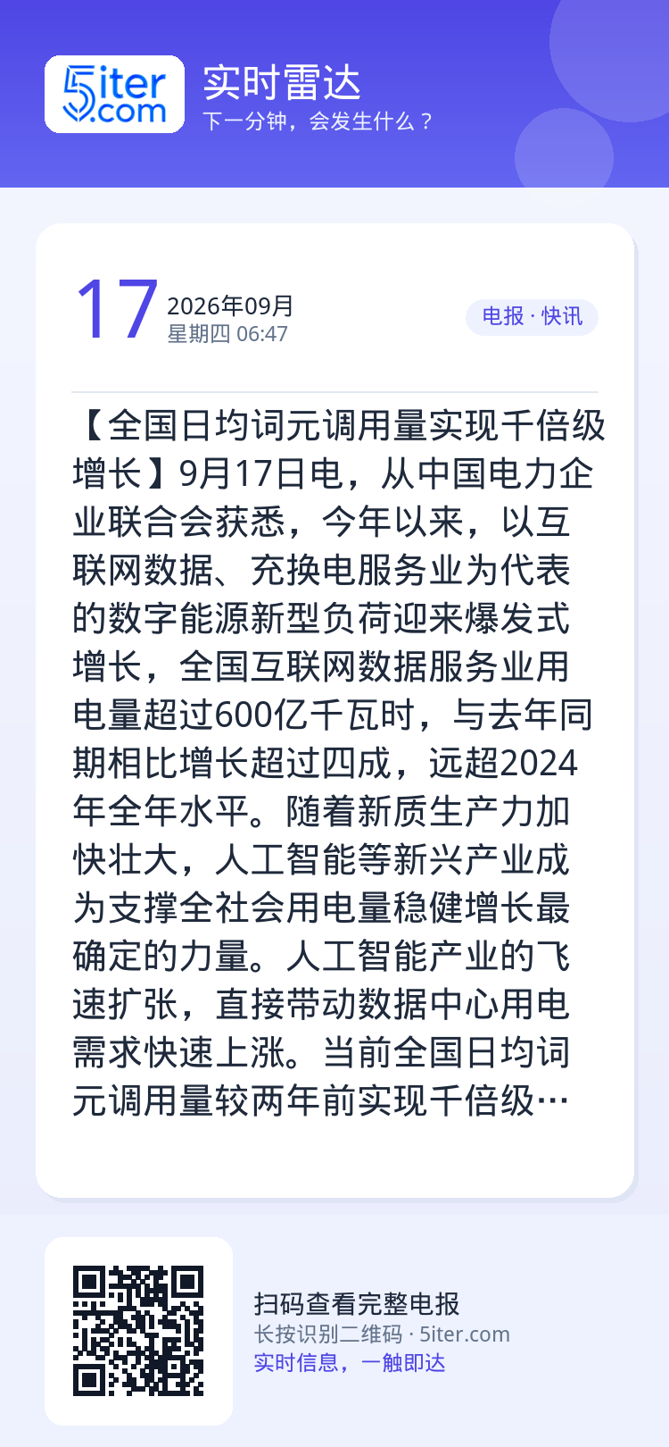 【全国日均词元调用量实现千倍级增长】9月17日电，从中国电力企业联合会获悉，今年以来，以互联网数据、充换电服务业为代表的
