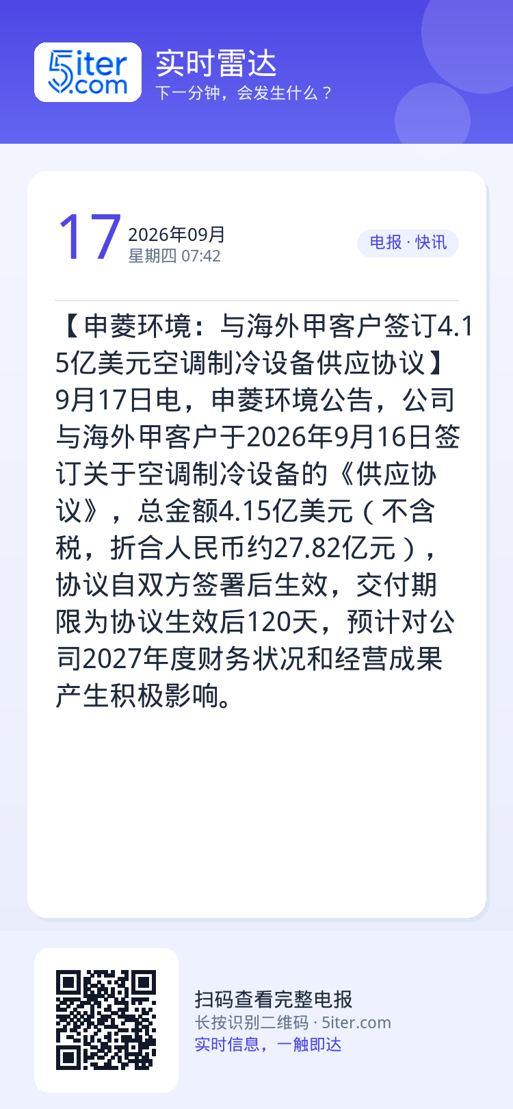 【申菱环境：与海外甲客户签订4.15亿美元空调制冷设备供应协议】9月17日电，申菱环境公告，公司与海外甲客户于2026年
