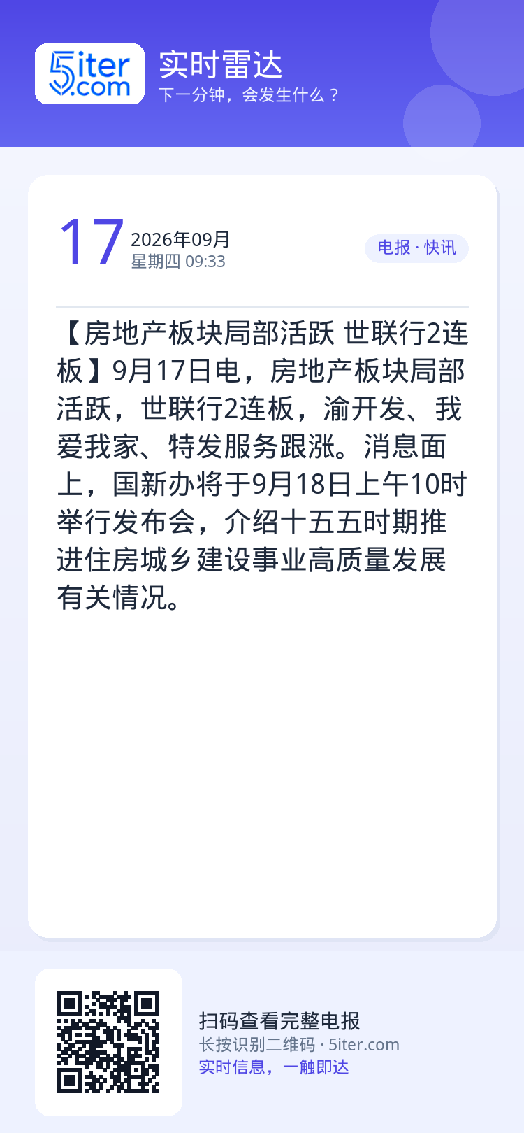 【房地产板块局部活跃 世联行2连板】9月17日电，房地产板块局部活跃，世联行2连板，渝开发、我爱我家、特发服务跟涨。消息