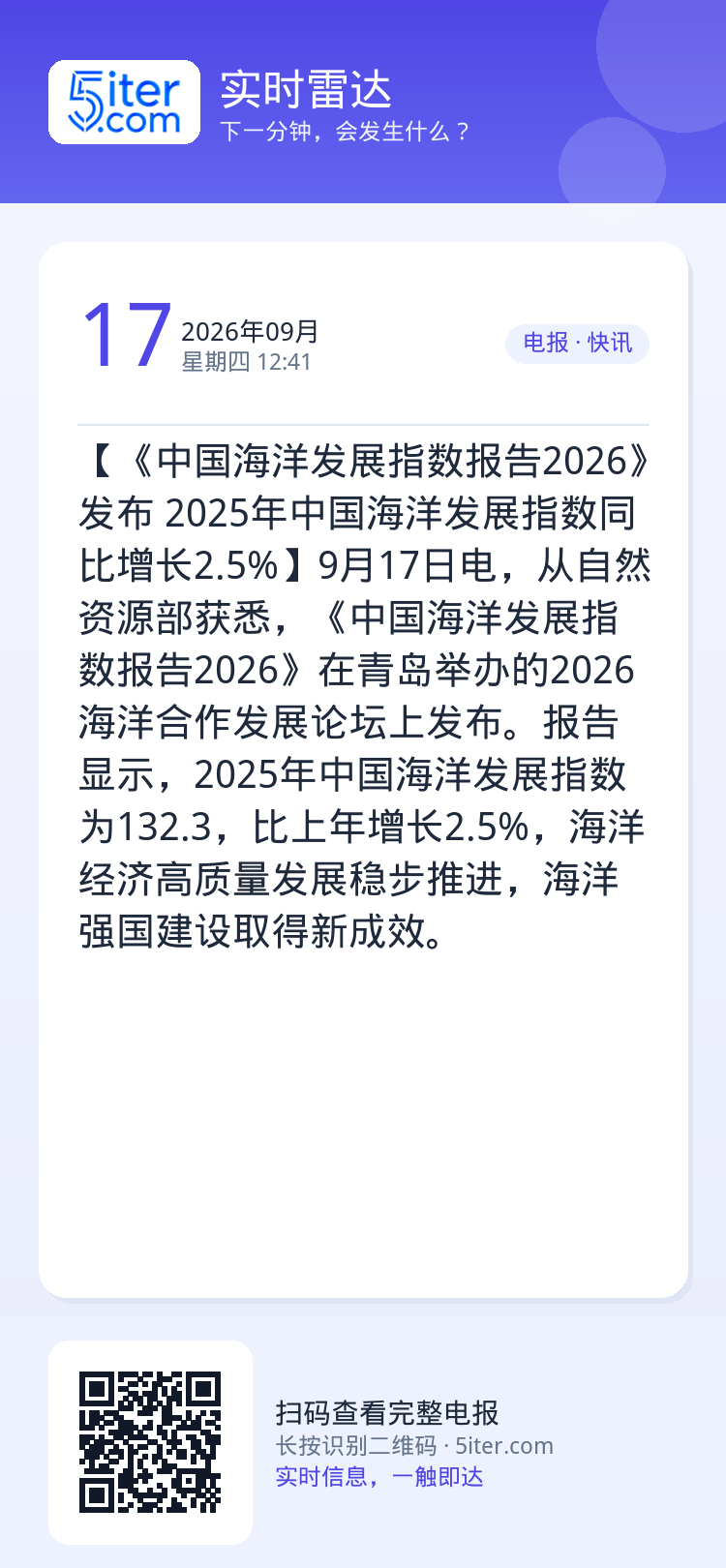 【《中国海洋发展指数报告2026》发布 2025年中国海洋发展指数同比增长2.5%】9月17日电，从自然资源部获悉，《中