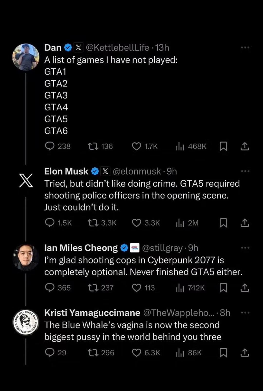马斯克不玩《GTA6》 不想被迫向警察开枪