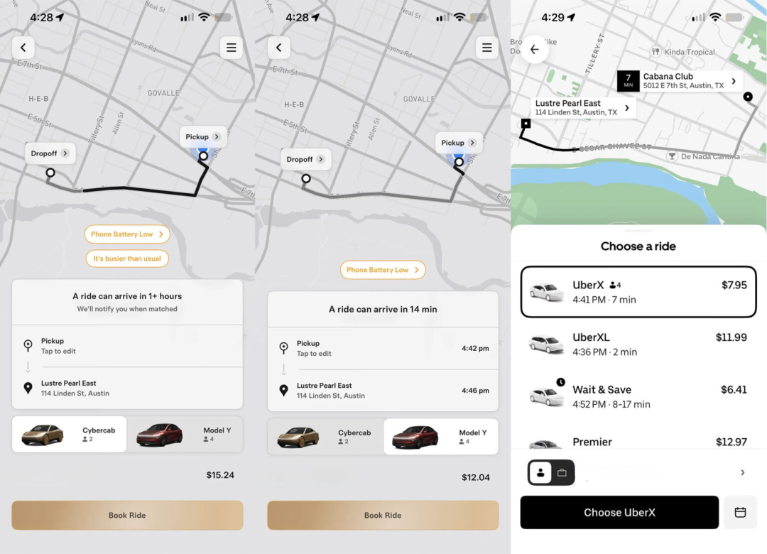 △左、中、右分别为Cybercab、Model Y、Uber，图片来源：Reddit用户u/tmmoo