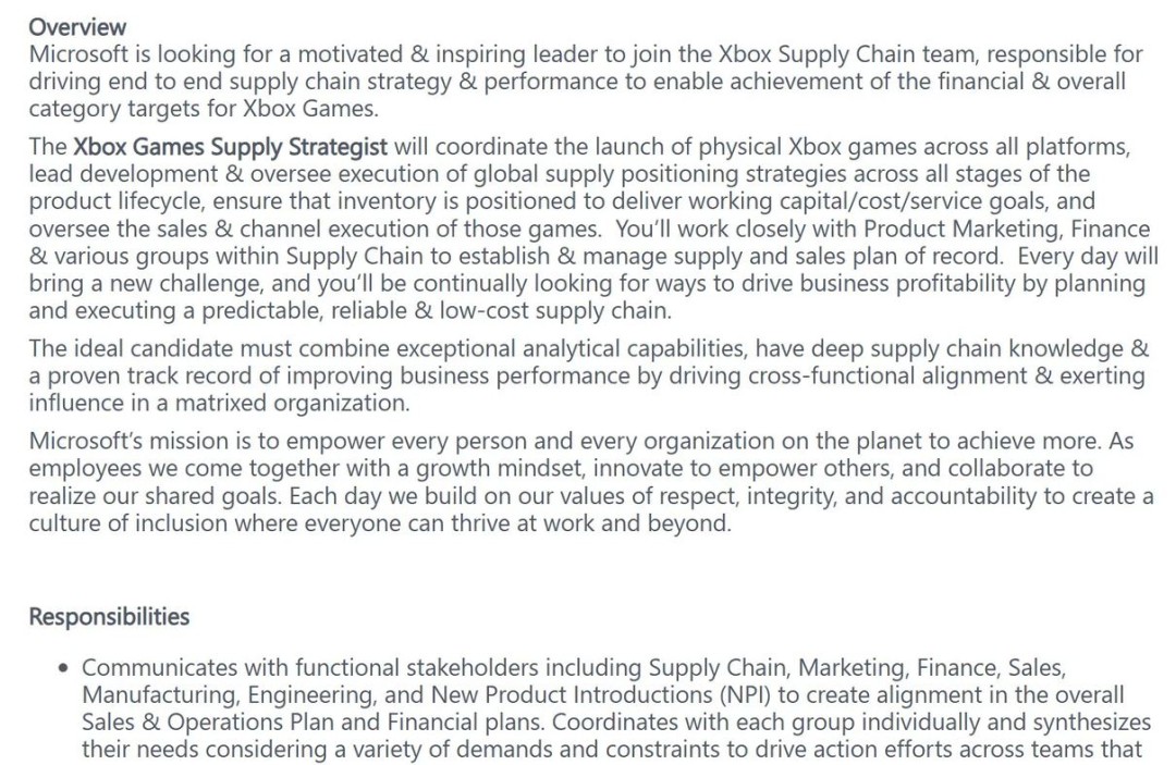 微软招聘Xbox实体游戏供应策略师，负责全球发行与库存规划