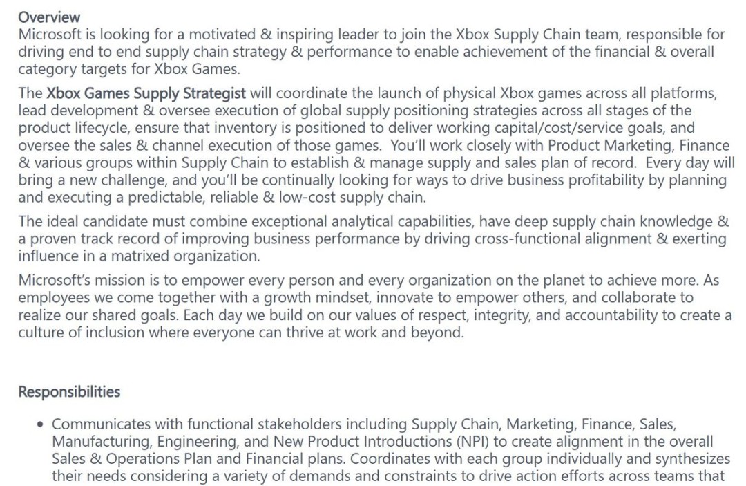 微软招聘Xbox实体游戏供应策略师，负责全球发行与库存规划