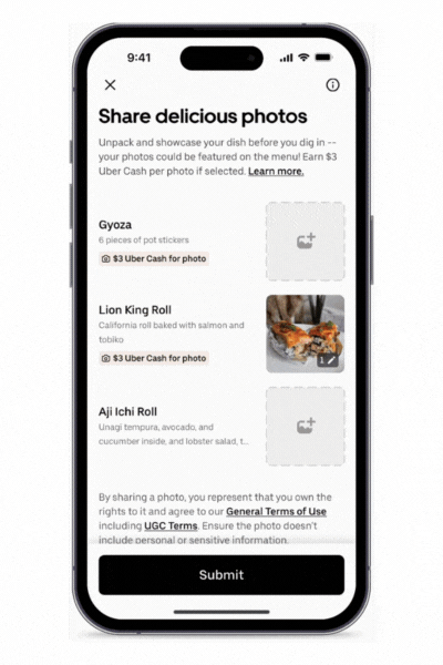 一张 Gif 演示了 Uber Eats 用户如何上传食物图片。