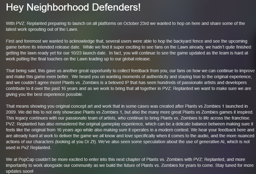 《植物大战僵尸：重植版》回应质疑：没有使用AI！