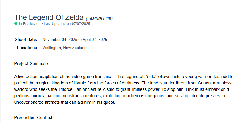 传《塞尔达传说》真人电影已开机!上映计划不变