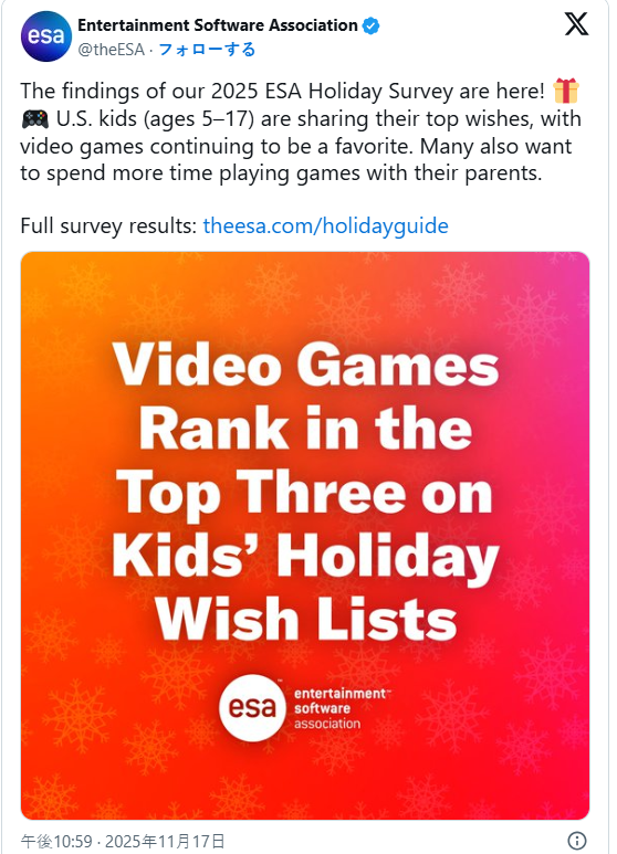 美国游戏协会新调查 孩子圣诞礼物最想要游戏货币