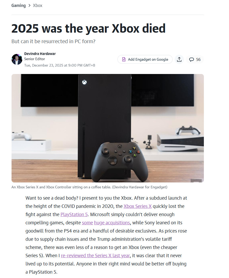 外媒Engadget怒批Xbox：2025年是Xbox消亡之年