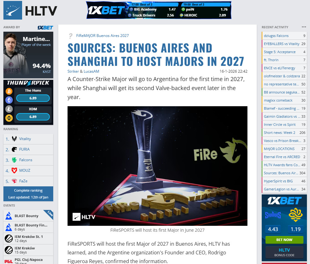 传《反恐精英2》2027年Major将在上海和阿根廷举办