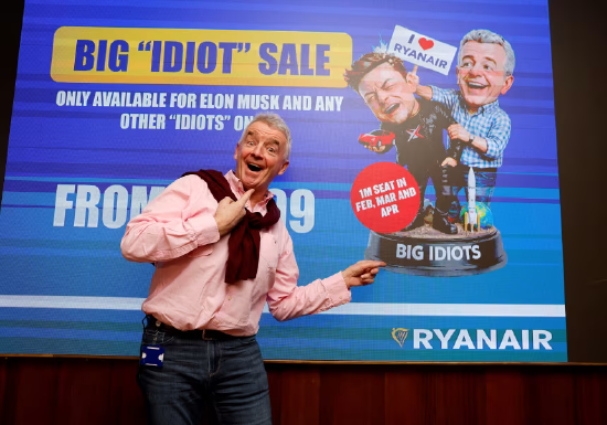 2026 年 1 月 21 日,周三,爱尔兰都柏林一场新闻发布会召开前夕,欧洲最大航空公司瑞安航空的首席执行官迈克尔・奥利里现身屏幕前。