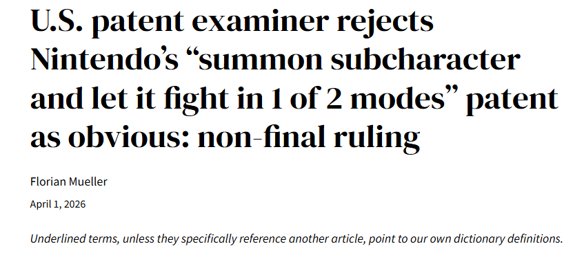 美国专利局撤销任天堂角色召唤专利 原本已通过罕见重新审查