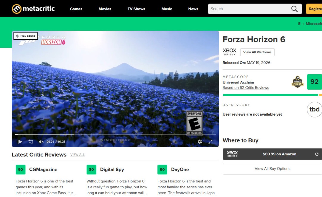تم إصدار تقييمات لعبة Forza Horizon 6: 10 نقاط من موقع IGN و8 نقاط من موقع GameSpot.