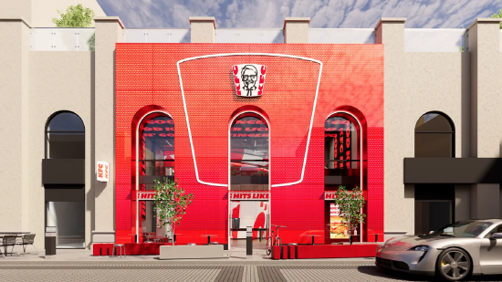 Rendu du nouveau design du magasin KFC, combinant des éléments du seau classique FamilyMart et du Colonel Sanders