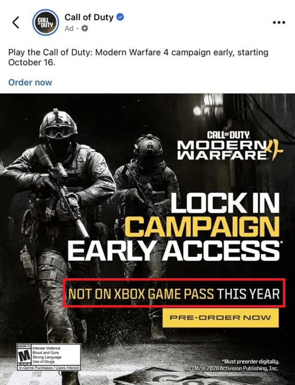 Het tijdperk van COD's eerste XGP is voorbij, Call of Duty: Modern Warfare 4 bevestigde afwezig te zijn
