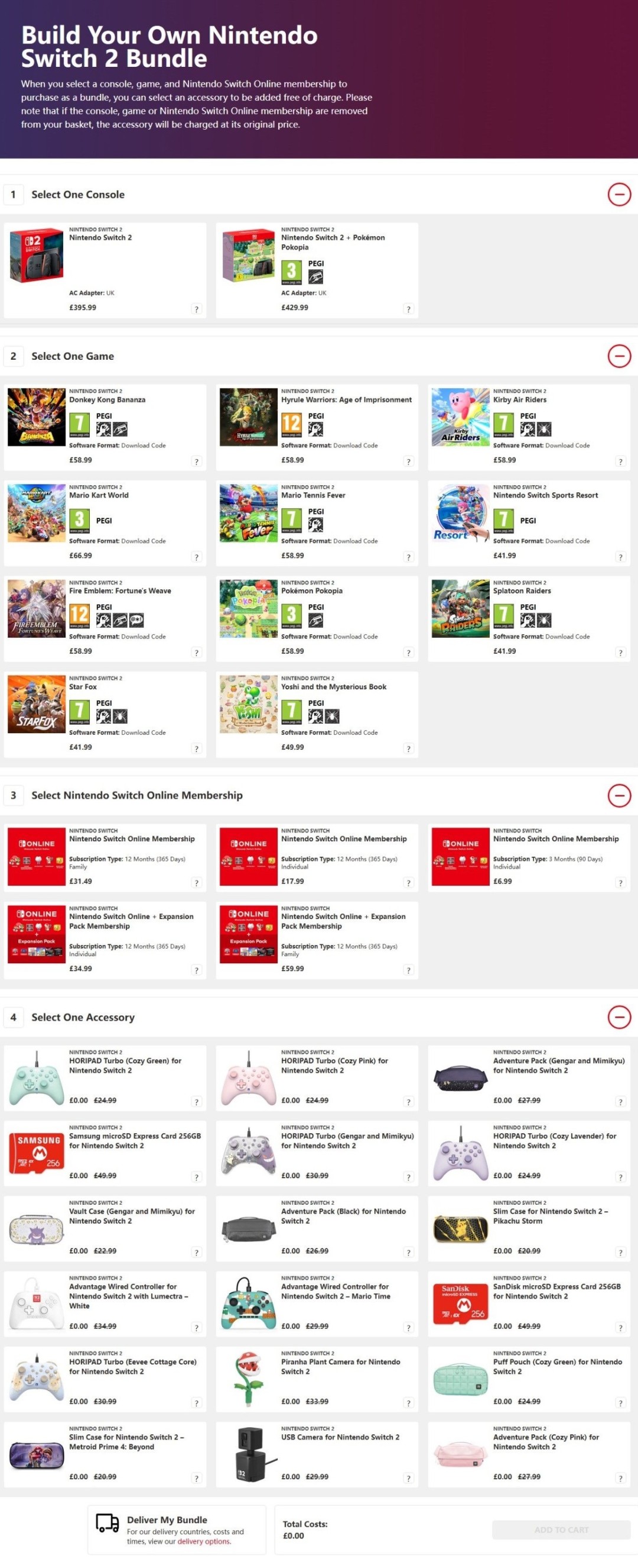 任天堂欧洲官网上线Switch2自选套餐:选游戏加会员 配件免费送